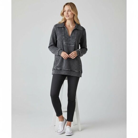 J. Her Tops - J. Her Mineral Wash Oversized Pullover Sweatshirt Ribbed V-Neck‎ Black Small